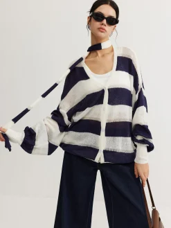 Striped Breasted Thin Cardigan With Scarf