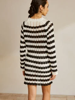 Striped Lettuce Trim Hollow Sweater