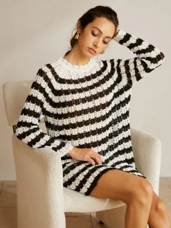 Striped Lettuce Trim Hollow Sweater