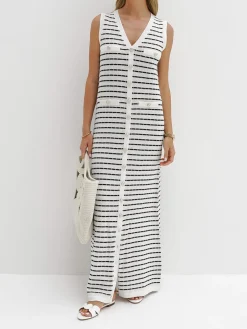 Striped Metal Button Long Sweater Dress