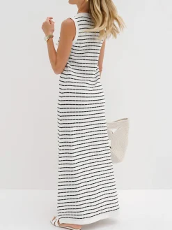 Striped Metal Button Long Sweater Dress