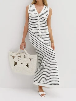 Striped Metal Button Long Sweater Dress