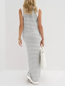 Striped Metal Button Long Sweater Dress