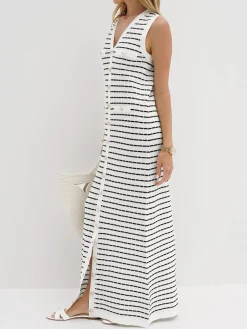 Striped Metal Button Long Sweater Dress