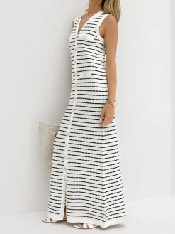 Striped Metal Button Long Sweater Dress