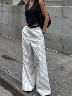 Striped Pockets Wide Leg Pants Without Belt