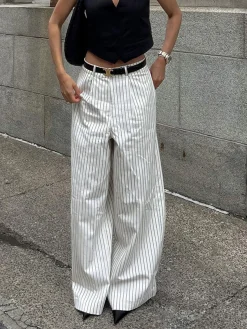 Striped Pockets Wide Leg Pants Without Belt