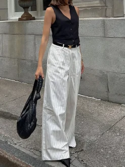 Striped Pockets Wide Leg Pants Without Belt