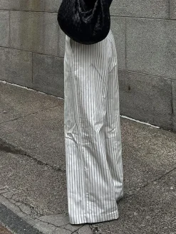 Striped Pockets Wide Leg Pants Without Belt