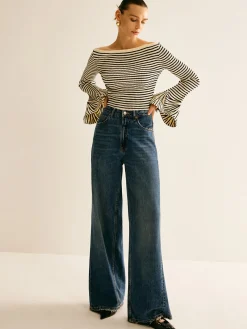 Striped Ruffle-Sleeve Knit Top