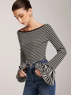 Striped Ruffle-Sleeve Knit Top