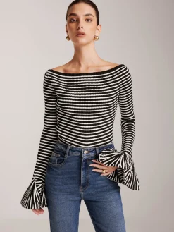 Striped Ruffle-Sleeve Knit Top