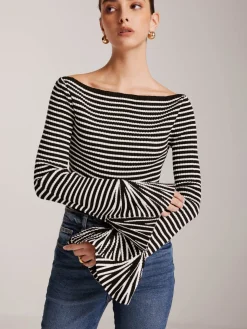 Striped Ruffle-Sleeve Knit Top