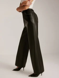 Studded-Decor PU Leather Straight Pants