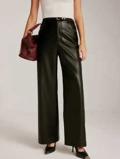 Studded-Decor PU Leather Straight Pants