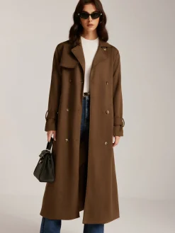 Suede Belted Button Long Trench Coat