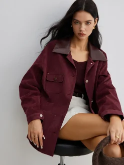 Suede Contrast Collar Pockets Jacket
