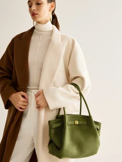 Suede Pleated Top Handle Bag