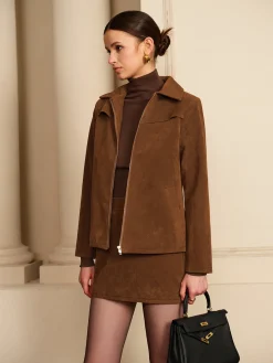Suede Zipper Jacket With Shoulder Pads