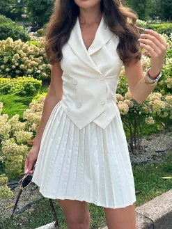 Suit Waistcoat With Pleated Mini Skirt Set