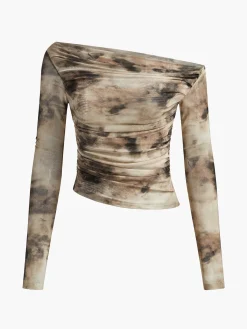 Terracotta Tulle Mesh Off Shoulder Long Sleeve Crop Top