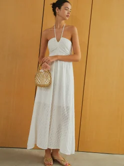 Textured Shirred Halter Knotted Vacation Long Dress
