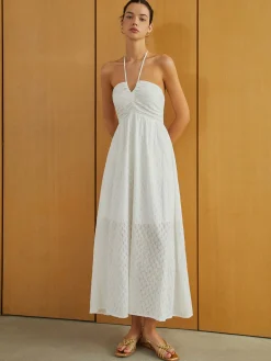 Textured Shirred Halter Knotted Vacation Long Dress