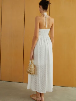 Textured Shirred Halter Knotted Vacation Long Dress
