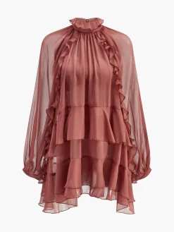 Tie Neck Semi-Sheer Ruffle Chiffon Dress