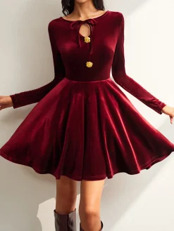 Tie Neck Velvet Pleated Dress