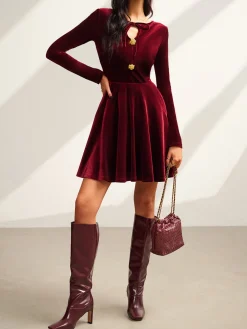 Tie Neck Velvet Pleated Dress