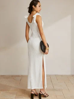 Tie Shoulder Slit Ribbed Long Dress