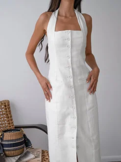 Tied Halter Open Back Cotton Linen Midi Dress
