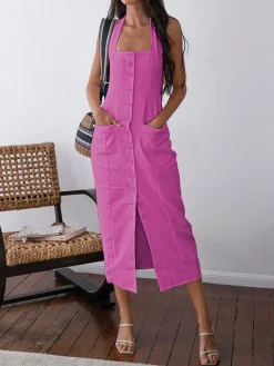 Tied Halter Open Back Cotton Linen Midi Dress