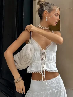 Tie-Front Lace Trim Cami Top