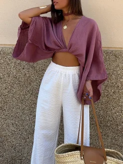 Tie-Front Long Sleeve Cropped Blouse