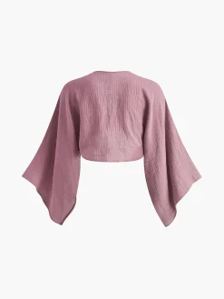 Tie-Front Long Sleeve Cropped Blouse