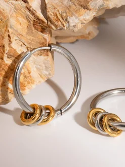 Tow Tone Beading Silver Hoop Earrings