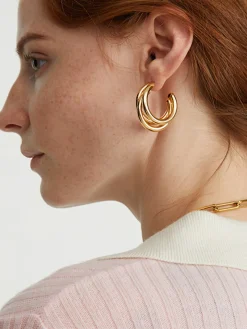 Triple Golden Hoop Stud Earrings
