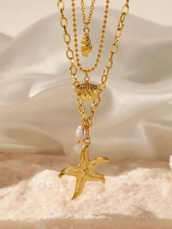 Triple Layers Pearl Starfish Necklace