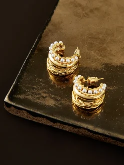 Triple-Layer Pearl Detail Hoop Earrings