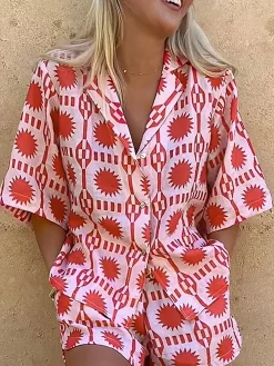 Tropical Print Drawstring Shorts Set