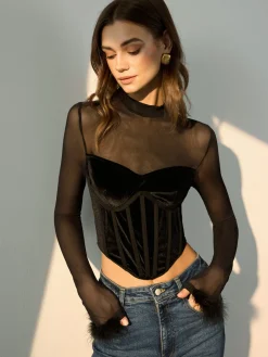 Tulle Panel Velvet Crop Blouse