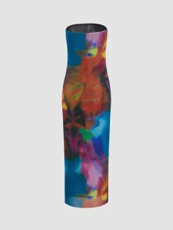 Tulle Printed Mesh Strapless Tube Midi Dress