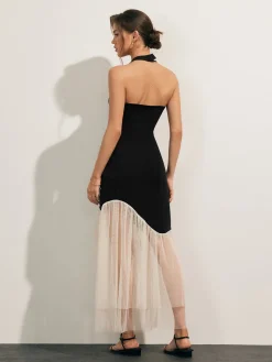 Tulle-Hem Slim Halter Long Dress