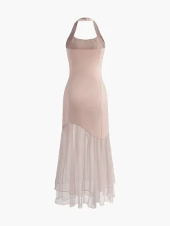 Tulle-Hem Slim Halter Long Dress