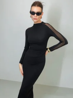 Tulle-Sleeve Plain Slim Dress