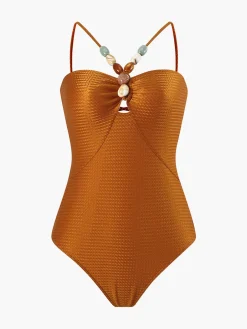 Tummy Control Texture Beaded One Piece Swimsuit