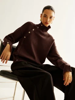 Turtleneck Asymmetrical Button Sweater
