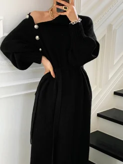 Turtleneck Button Belted Sweater Dress